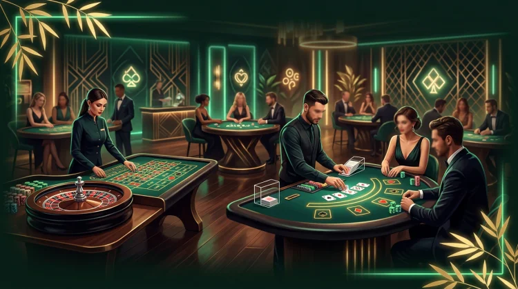 Illustratie in live-casino stijl: studio-sfeer met tafelspelen en groen-gouden neonaccenten.